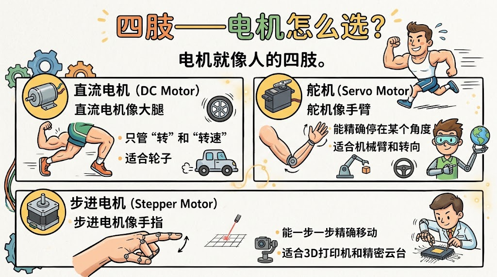 四肢——电机怎么选？直流电机、舵机、步进电机有什么区别？