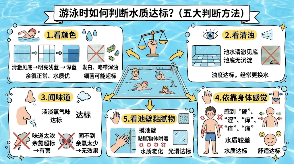 游泳时如何判断水质是否达标:看颜色、看浑浊度、闻味道、靠身体感觉、看池壁黏腻物