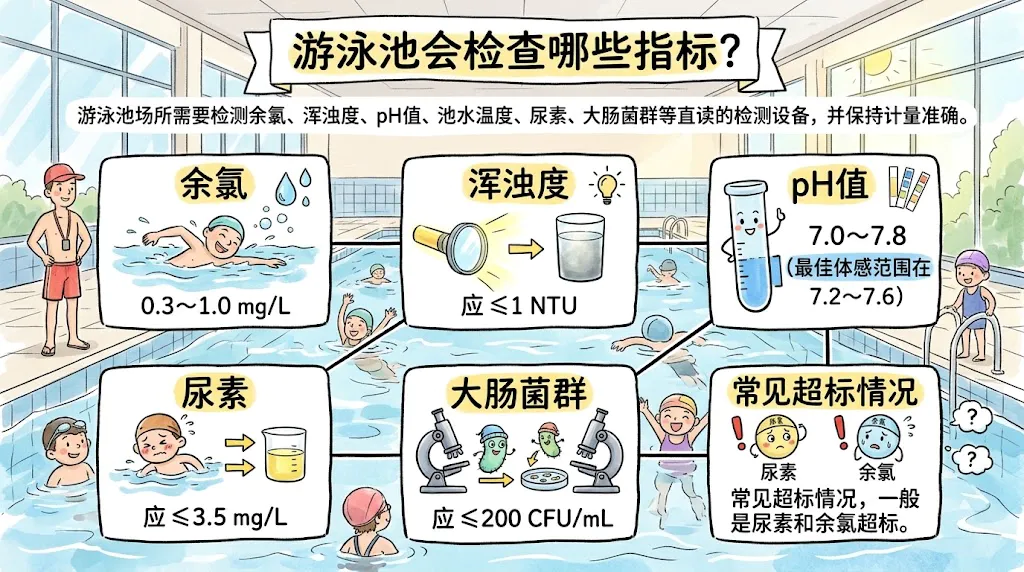 游泳池会检查哪些指标:余氯、浑浊度、pH 值、池水温度、尿素、大肠菌群等
