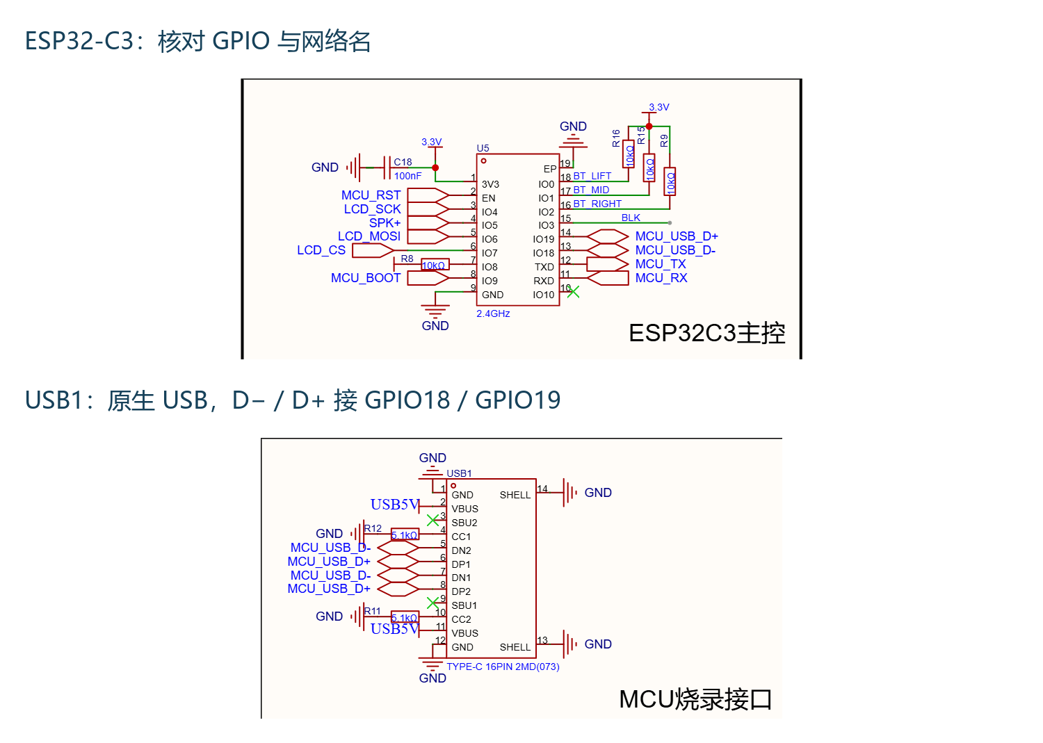 从 EDA 工程导出的主控与原生 USB 原理图