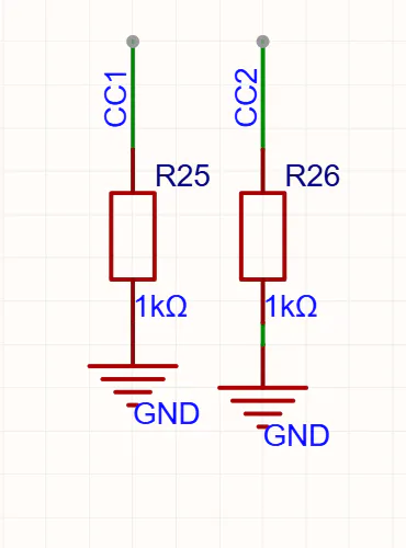 图3a CC1、CC2的下拉局部,R25、R26在原工程中均标为1kΩ。