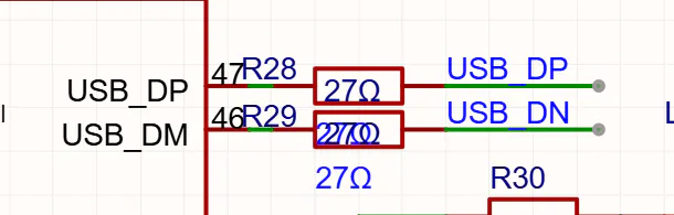 图4a RP2040的USB_DP与USB_DM引脚、R28和R29的27Ω串联电阻。