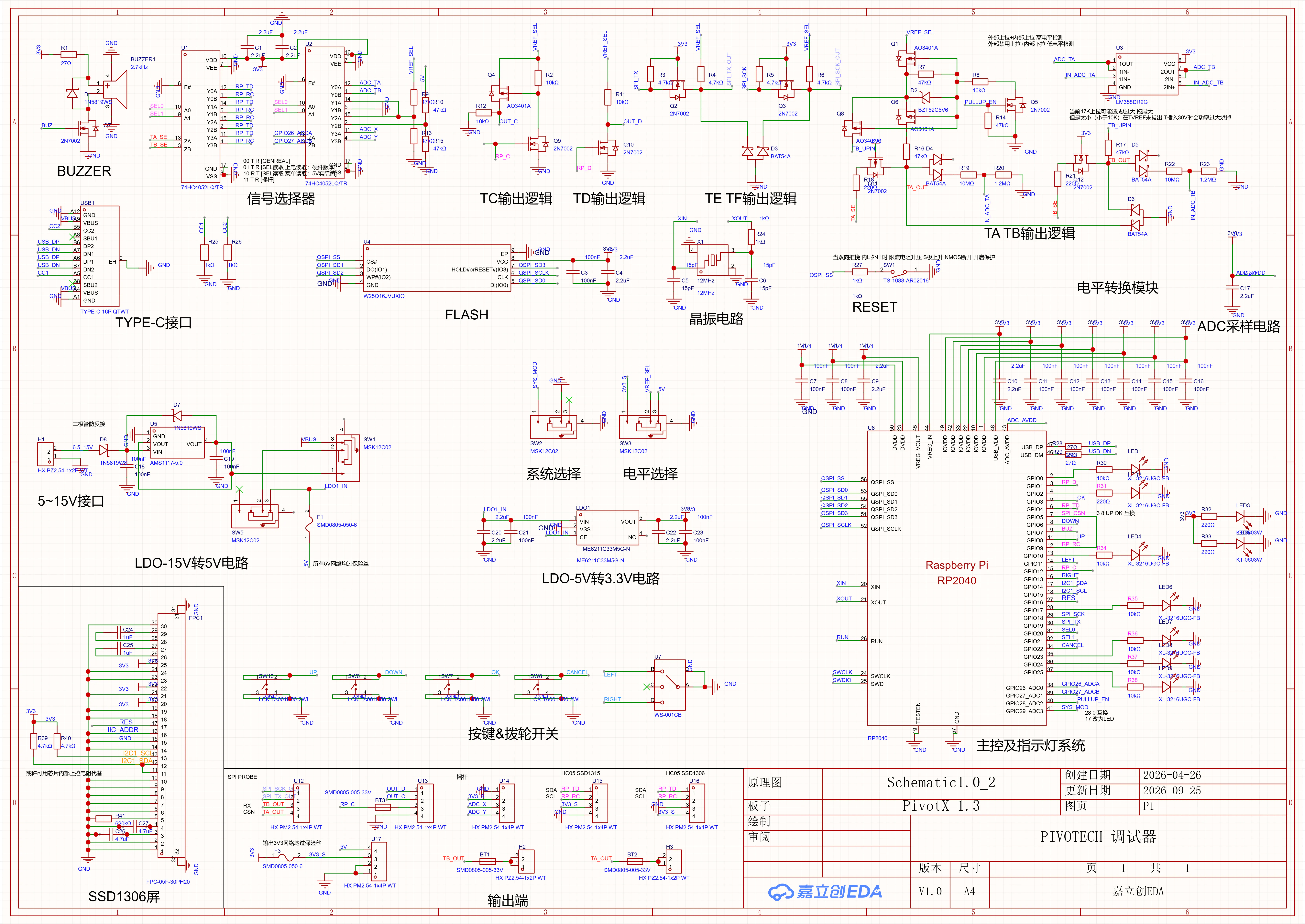 图1 立创EDA登录后导出的完整原理图,版本栏为 Schematic1.0_2,板子为 PivotX 1.3。