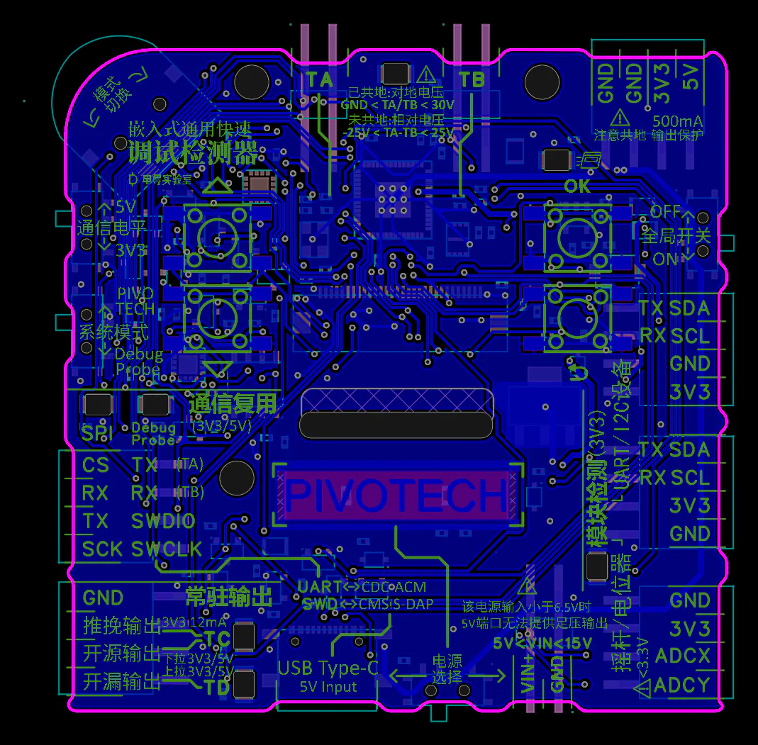 图6 PCB2_8底面,水平镜像后由底面观察,蓝色铜层与过孔分布。