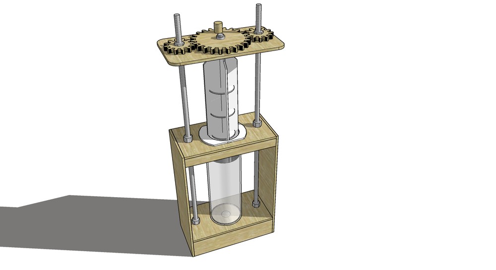 图 4-2 定稿结构的 3D 建模（SketchUp 2019）：方形木框内部为主体针筒，顶部为双齿轮与螺杆机构，前方接入调节针筒