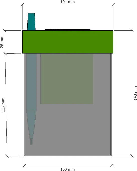 图 4-2 正立面尺寸图:箱体 100×117mm,盖板厚 26mm,整机高 143mm