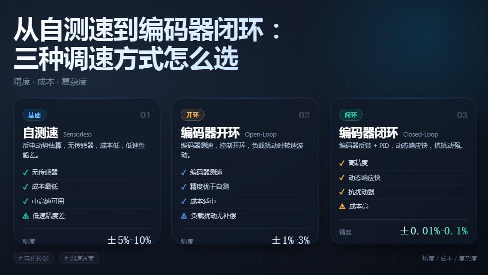 从自测速到编码器闭环：三种调速方式怎么选