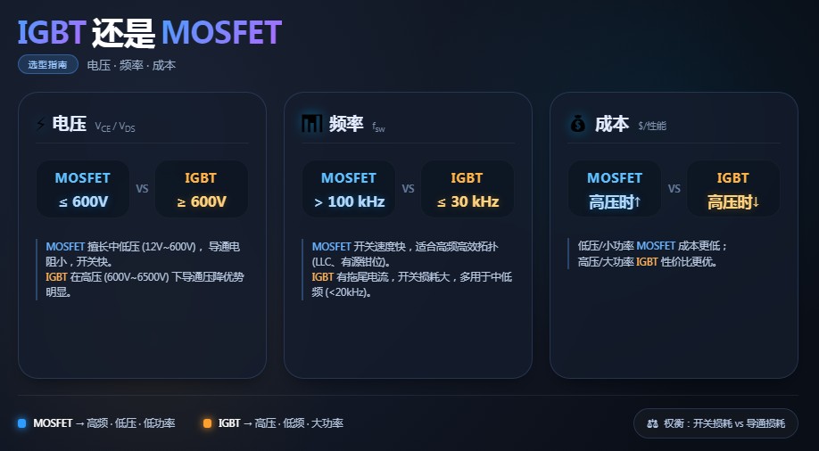 IGBT还是MOSFET：电压、频率与成本怎么选功率管