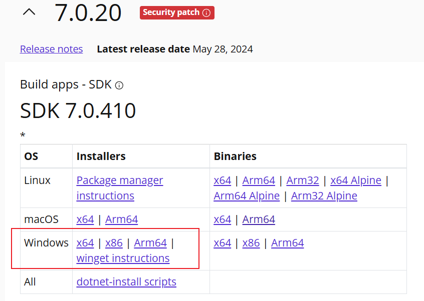 Selecting the .NET 7.0 Windows x64 installer